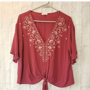 EYESHADOW Embroidered BOHO Oversized Knotted Front Top